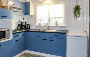 een keuken met blauwe kasten en een wastafel bij Huiske Oan T Bos in Lage Mierde
