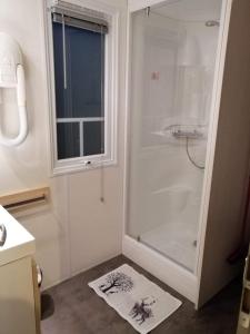 baño con ducha y puerta de cristal en Camping Le Bouloc, en Ceilhes-et-Rocozels