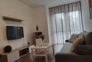 a living room with a couch and a tv and a table at Patrik Apartment Šamorín in Šamorín