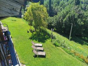 a group of benches sitting in the grass at Apartamentos Chuandervera in Laspaúles
