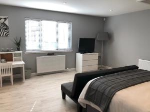 1 dormitorio con 1 cama, TV y ventana en The Chalet, en Inverness