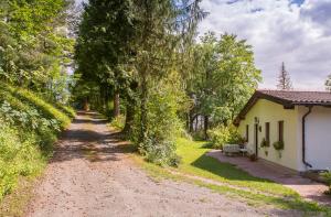 eine unbefestigte Straße neben einem Haus mit Bäumen in der Unterkunft Ferienhäuschen Sans Pareille bei Bayreuth in Hartmannsreuth