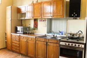 a kitchen with wooden cabinets and a sink and a refrigerator at Apartment Sunrise in Sighnaghi