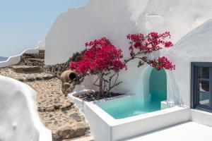 a villa with a plunge pool and pink flowers at Chelidonia Luxury Suites in Oia