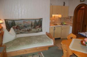 Una pequeña cocina con una cama en una habitación en Haus Elfriede, en Millstatt