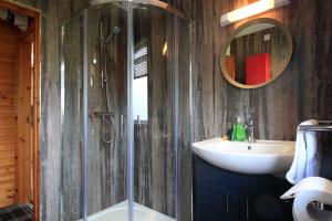 een badkamer met een douche en een wastafel bij Reuben's Highland Retreat - Arisaig in Arisaig