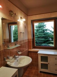 a bathroom with a sink and a large window at Delfin in Mielno