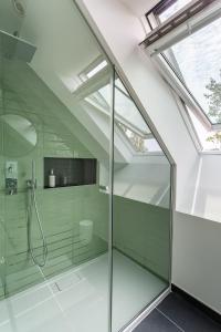 a glass shower in a bathroom with a skylight at HARAS DE BARRY in Sainghin-en-Mélantois
