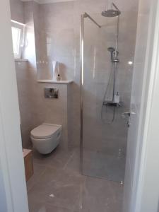 a bathroom with a shower and a toilet at Olive Grove House Lumbarda in Lumbarda +11 photos