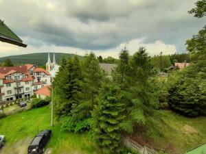 een luchtzicht op een stad met bomen en een kerk bij Apartament Górski Raj in Świeradów-Zdrój