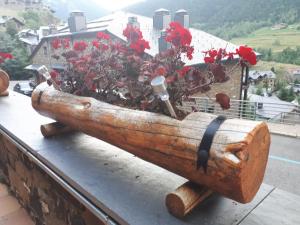 a wooden planter with red flowers on a ledge at Gran terraza, mucho sol, montaña, bici y golf in El Tarter