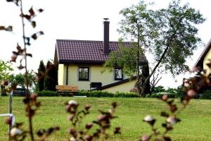 a house in a field with a bench in front of it at Namelis in Einoriai