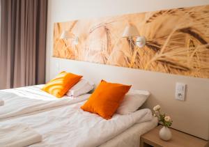 1 dormitorio con 1 cama con almohadas de color naranja y una pintura en Cicha Zdrój, en Solec-Zdrój