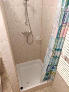 a shower with a shower curtain in a bathroom at Willa Zacisze Sianożęty in Sianozety +33 photos