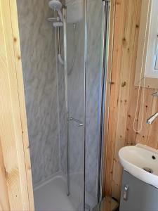 y baño con ducha y puerta de cristal. en Wee Highland Hideaway Hut en Dalmally