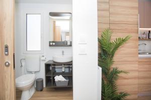 La salle de bains est pourvue de toilettes, d'un lavabo et d'un miroir. dans l'établissement Mara's Coast - Bianca, à Pirovac