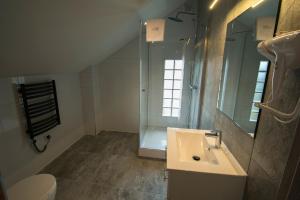 a bathroom with a sink and a shower and a toilet at FMA ski & bike in Szklarska Poręba