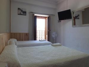 1 dormitorio con 2 camas, TV y ventana en Los Angeles Plaza en Salamanca