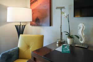 a hotel room with a desk with a chair and a lamp at Almond Tree Inn - Adults Only in Key West