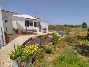 un jardín frente a una casa con un banco en Vivenda Diniz en Silves