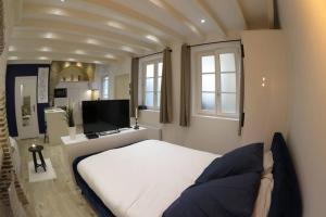 a bedroom with a white bed and a television at CHARMANT STUDIO HYPER CENTRE in Troyes