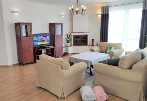 ein Wohnzimmer mit 2 Sofas und einem TV in der Unterkunft Panorama Strzyżów in Strzyżów