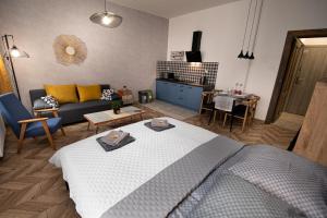 a bedroom with a bed and a living room at Apartament INSIDE - centrum Bielsko-Biała in Bielsko-Biala