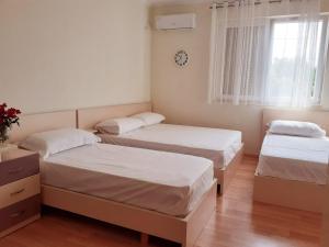 two beds in a small room with a window at Guest House Zadeja in Shkodër
