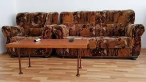 eine braune Couch mit einem Tisch davor in der Unterkunft Studio dublu in Eforie Nord