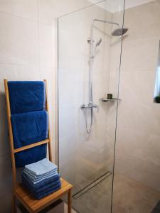 prysznic z niebieskim krzesłem i szklanymi drzwiami prysznicowymi w obiekcie Apartment Sunrise, coastal Istra, Pula Duga Uvala Pavićini w mieście Pavicini +37 zdjęć