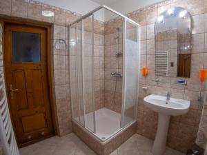 een badkamer met een douche en een wastafel bij Willa Cicha Woda in Murzasichle