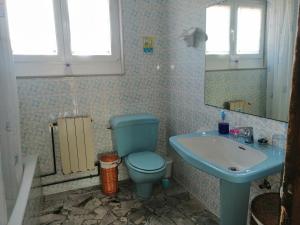 a bathroom with a blue toilet and a sink at La Casa de Colores in Sariego +52 photos
