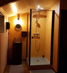 a shower with a glass door in a bathroom at Au Soleil Vert - Chambre de charme avec spa et sauna privés in Zeggers-Cappel
