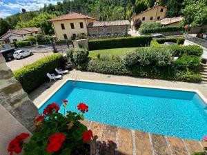 a swimming pool in front of a house with red flowers at Casa Fevira Borgo in Borgo San Lorenzo