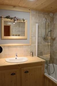 uma casa de banho com um lavatório e um chuveiro com um espelho. em REFLET DES AIGUILLES - Chalet avec Jacuzzi em La Toussuire