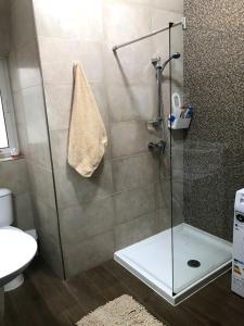 a shower with a glass door in a bathroom at Luqa Apartment - 5 mins from Airport in Luqa