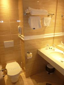 een badkamer met een toilet, een wastafel en een spiegel bij Hotel Amiral in Mamaia