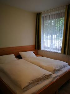 2 camas en una habitación con ventana en HopfenErlebnisHof en Altmannstein
