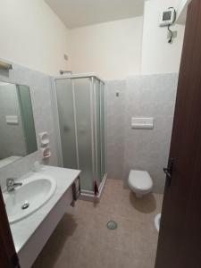 a bathroom with a shower and a sink and a toilet at Hotel Santa Maria Del Bagno in Pesche +21 photos