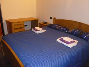 1 dormitorio con 1 cama azul y 2 almohadas en Agriturismo Prada, en Bianzone