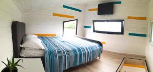 a bedroom with a bed in a small room at Tiny House - Baia de Fier in Baia de Fier