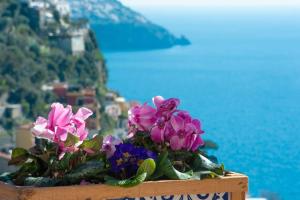a box of flowers sitting on a ledge near the ocean at Casa della Nonna in Positano