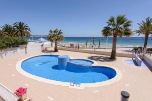 a swimming pool with palm trees and the beach at Apartamentos Nuevo México C 432 in Calpe