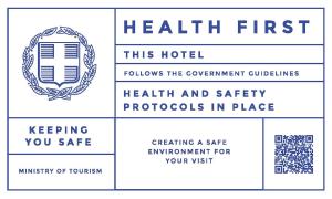 a set of four labels withhealth first and this hotel follows the government guidelines health at Hotel Poulakis in Skala