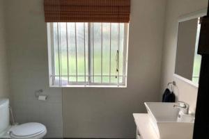 a bathroom with a toilet and a sink and a window at Staples House - Living The Breede in Malgas