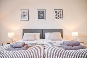 um quarto com duas camas com almofadas em MODERN and SPACIOUS HOUSE CLOSE TO THE CITY CENTRE em Peterborough