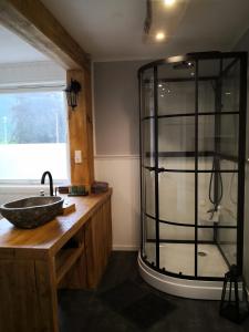 a bathroom with a glass shower and a sink at Old School på Eidslandet - exclusive apartment in Eidslandet