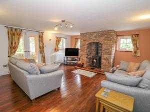 a living room with two couches and a fireplace at Bawbee Cottage in Denbigh