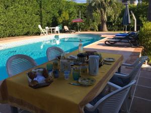 a table with food on it next to a swimming pool at Villa Alessia in Antibes