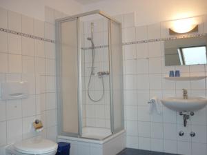 a bathroom with a shower and a toilet and a sink at Pension zum Leuchtturm in Bastorf